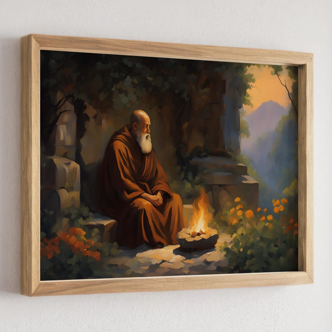 Elderly Monk Resting Beside a Campfire at Dusk in a Garden Poster
