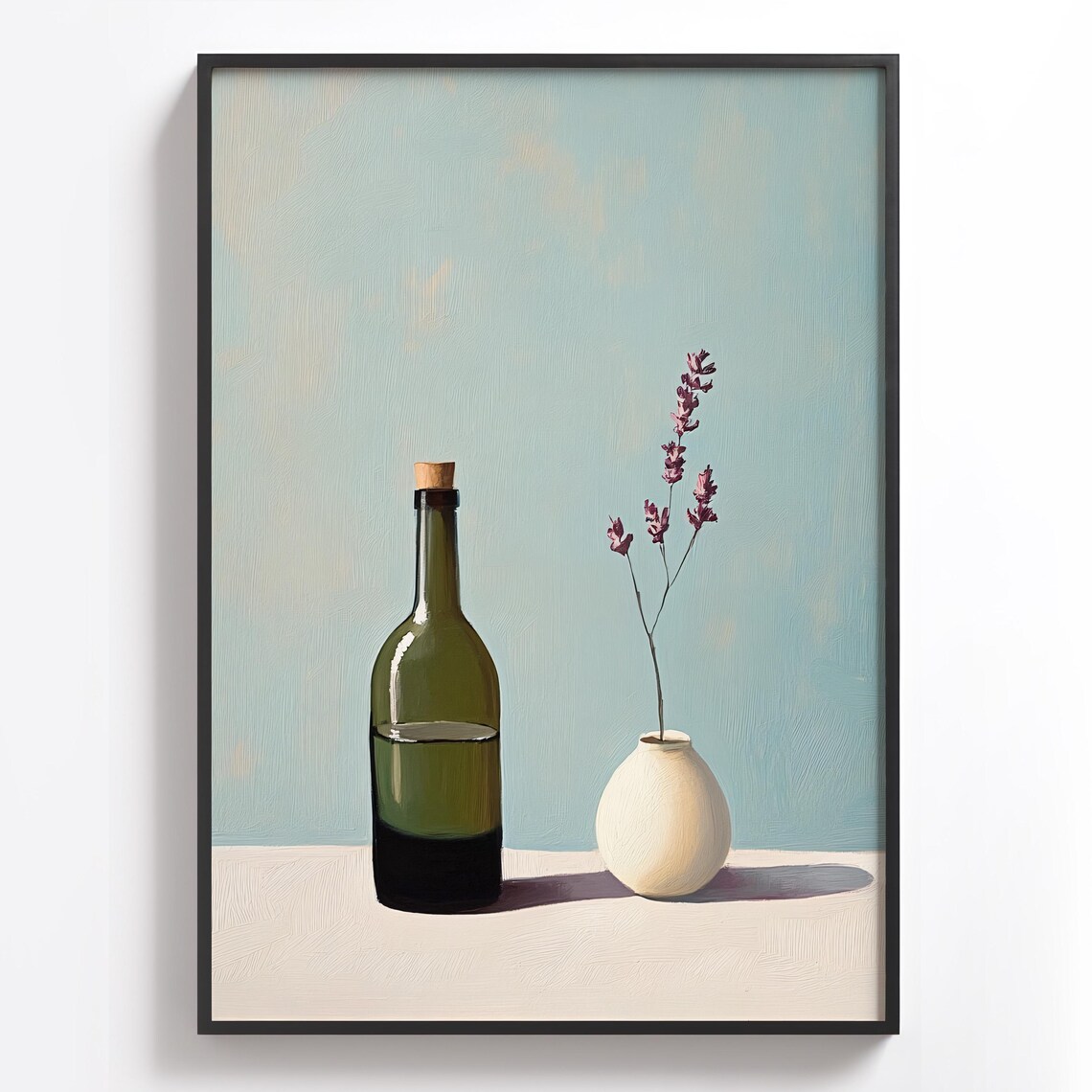 Green Glass Bottle and Blooming Vase Simple Still Life Art Poster - Image 2