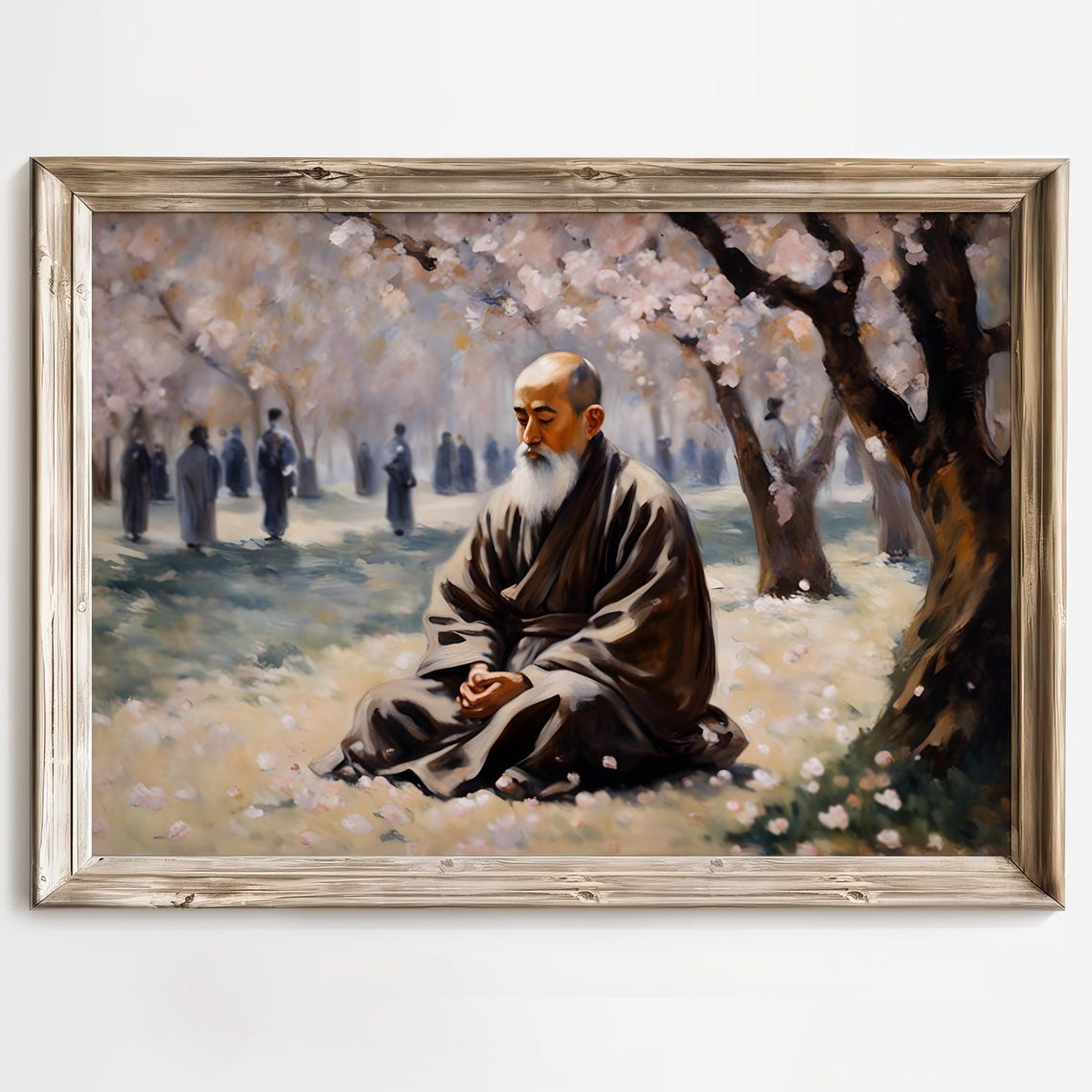 Elderly Monk Meditating Beneath Cherry Blossom Trees in Spring Poster - Image 2