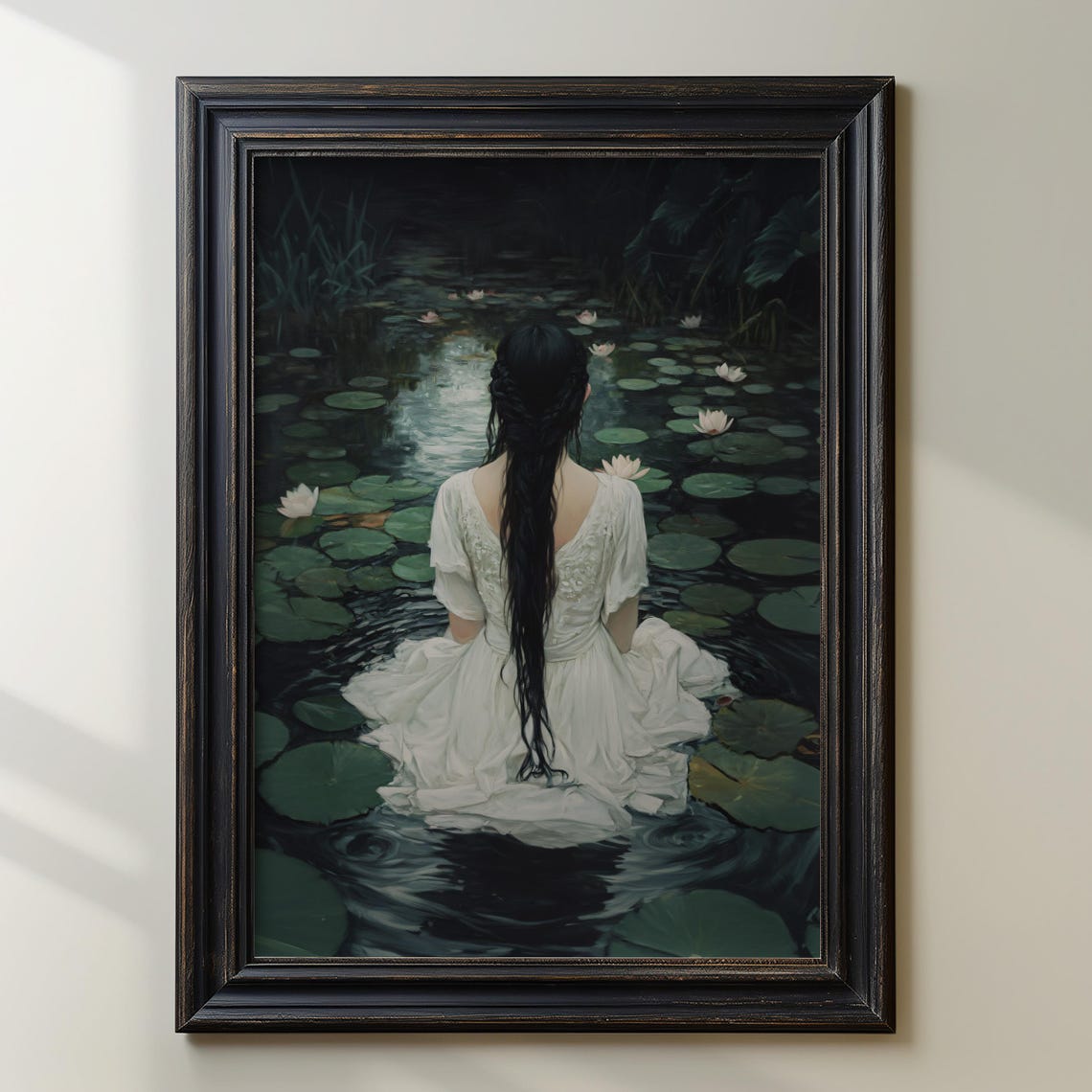 Romantic Water Lily Pond Print Gothic Nature Artwork Ethereal Woman In White Dress Dark Academia Wall Art Moody Botanical Artwork - Image 2