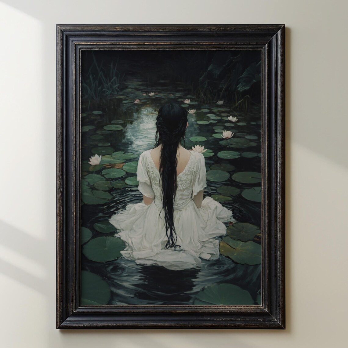 Woman in a White Dress Sitting in a Dark Lily Pond Art Poster - Image 2