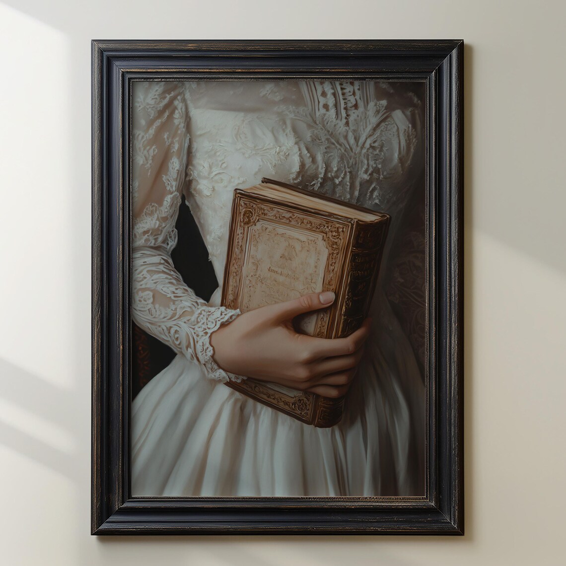 Elegant Woman in a White Lace Dress Holding an Antique Book Poster - Image 2