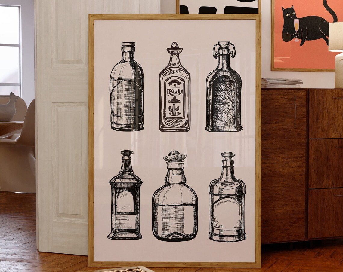 Hand-Drawn Retro Tequila Bottles Sketch Vintage Bar Cart Wall Art