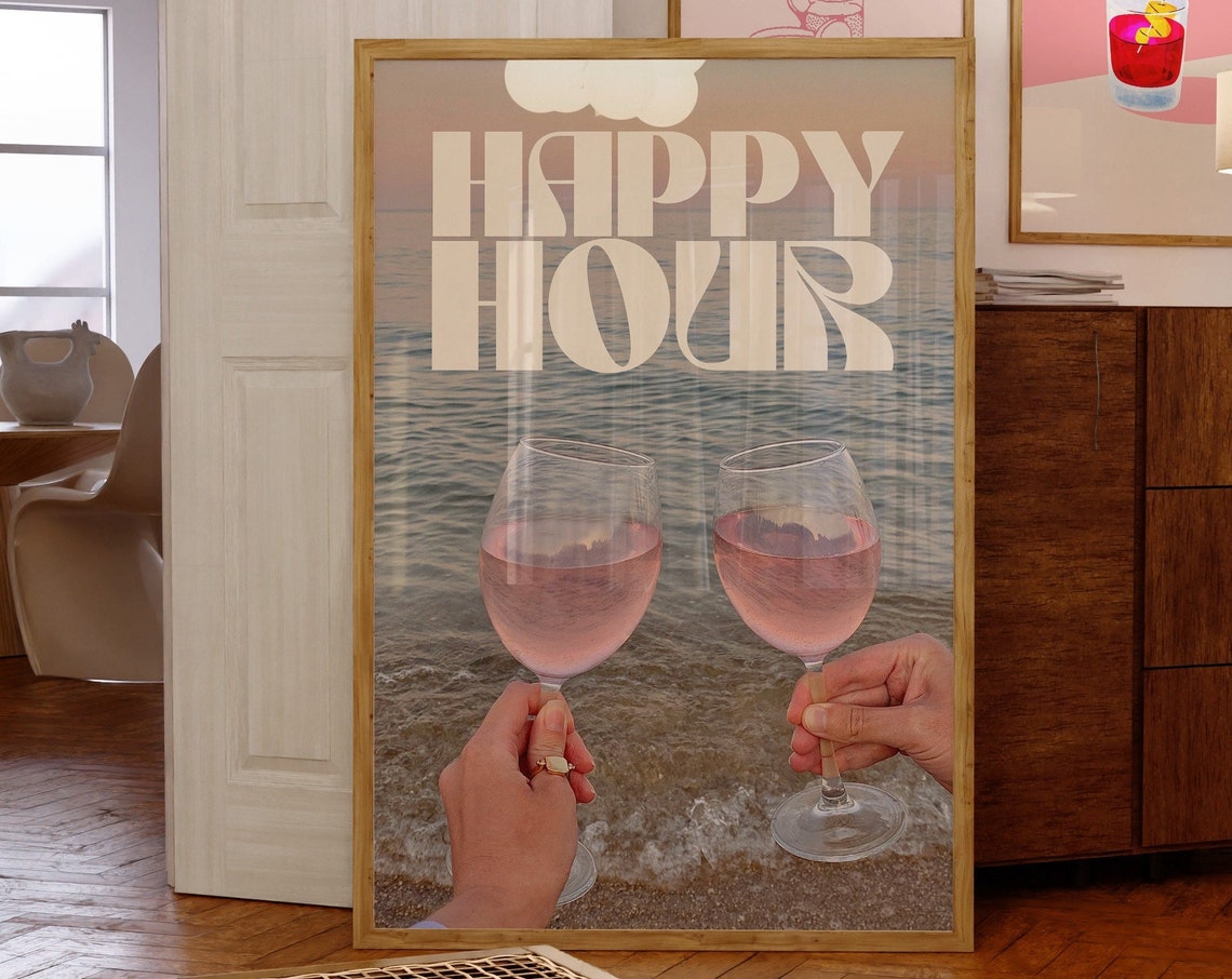 Happy Hour Beach Rose Wine Glasses Sunset Toast Photography Poster