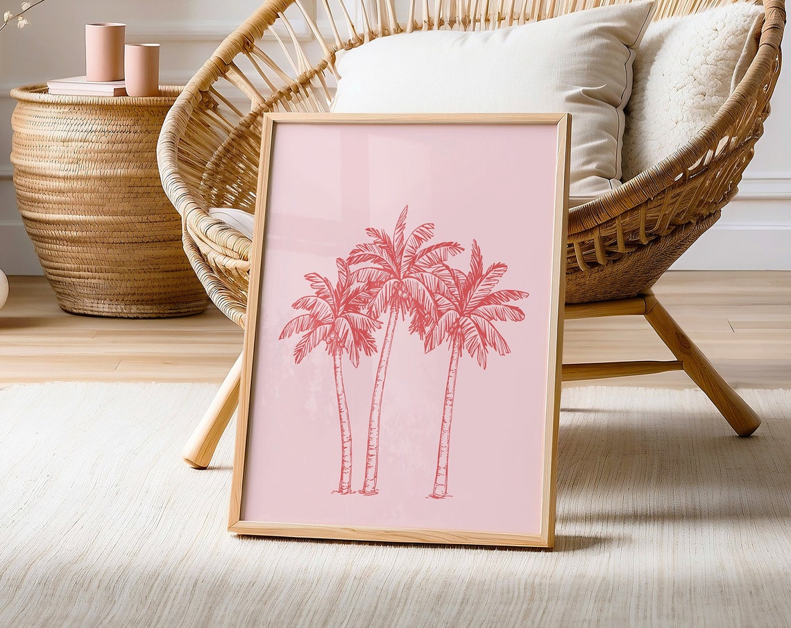 Pink Palm Trees Coral Tropical Illustration Preppy Beach Poster