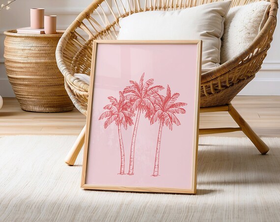 Pink Palm Trees Coral Tropical Illustration Preppy Beach Poster