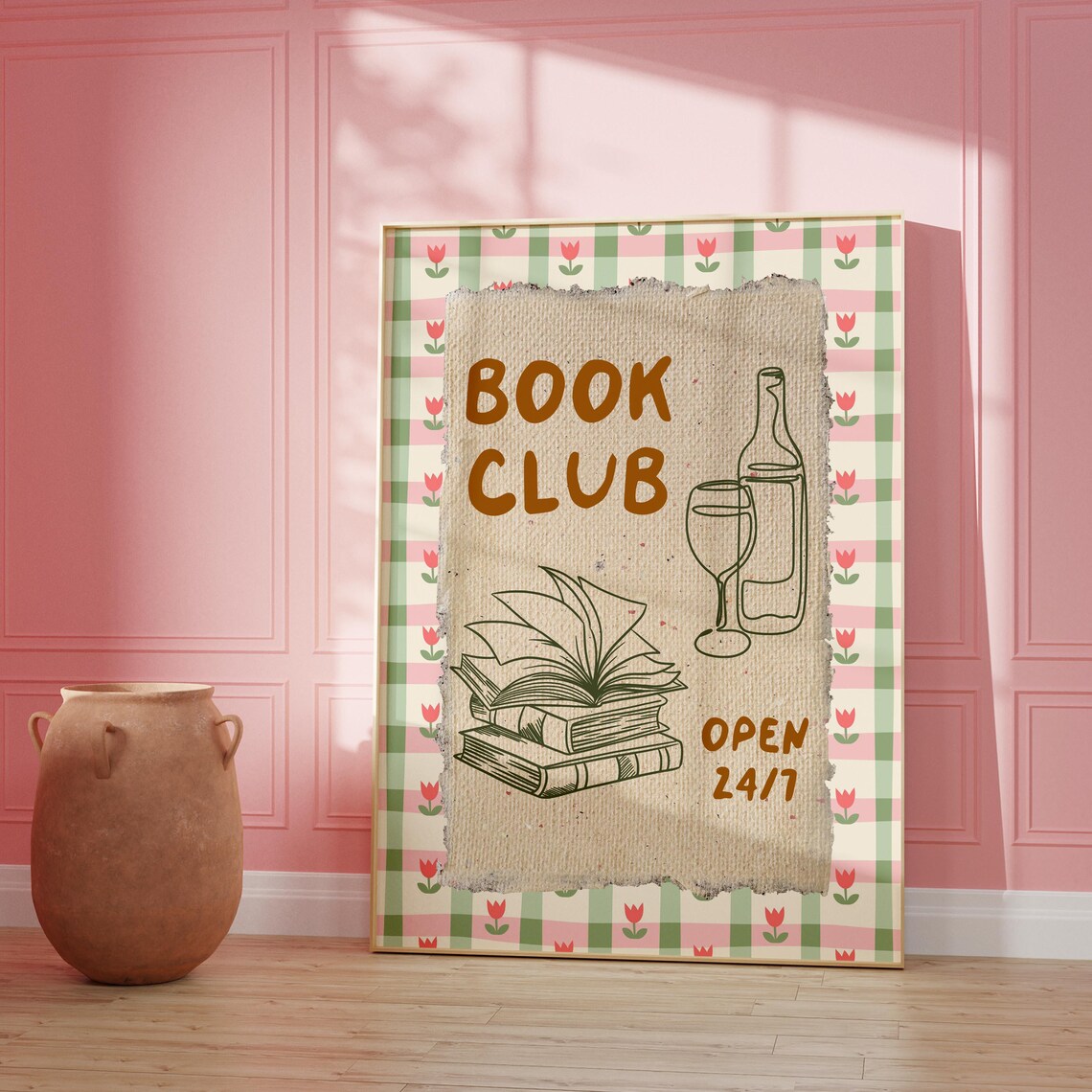 Cozy Vintage Book Club Wine Books Reading Nook Open 24/7 Poster - Image 4