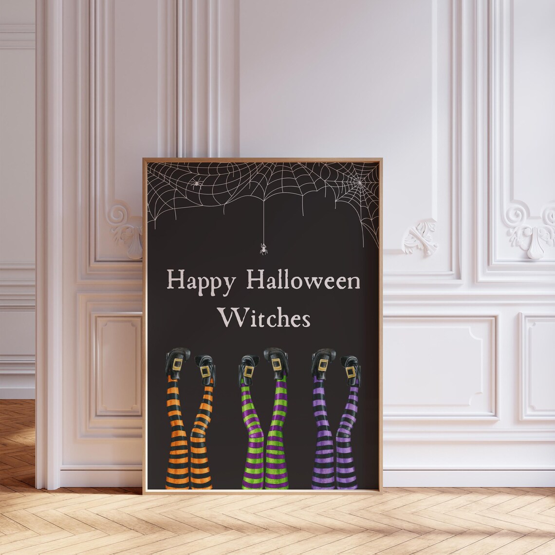 Happy Halloween Witches Legs with Striped Stockings Spiderweb Poster - Image 2