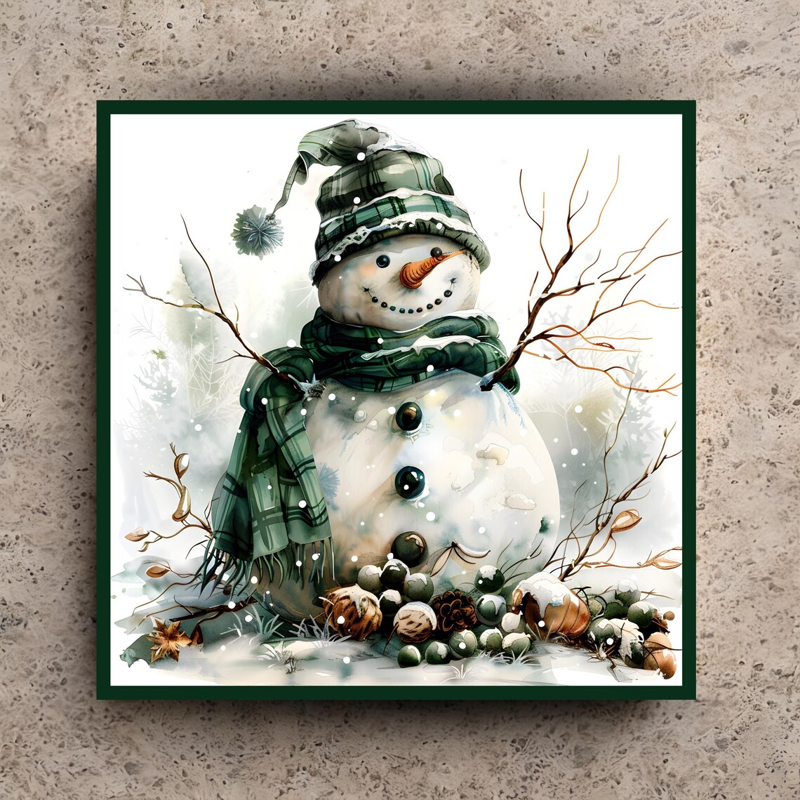 Country Snowman Holiday Art Print, Vintage Folk Art