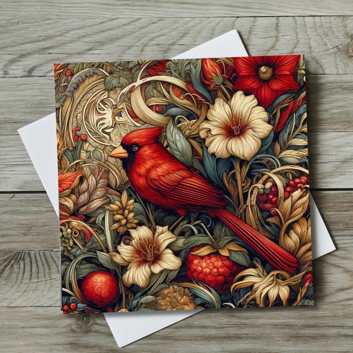 William Morris-Inspired Red Cardinal Nouveau Art Print - Image 2