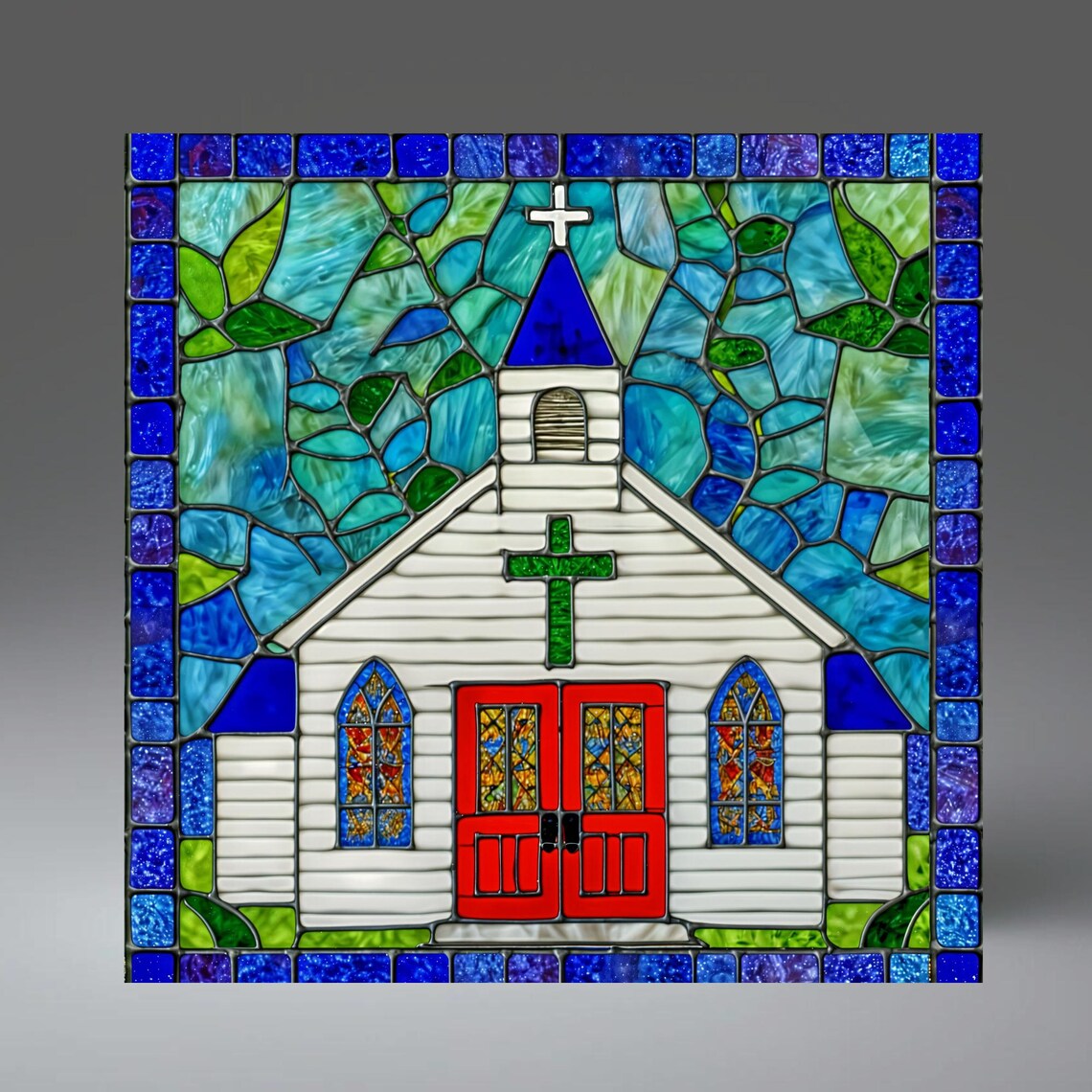 Country Church Stained Glass Style White Chapel Red Doors Wall Art