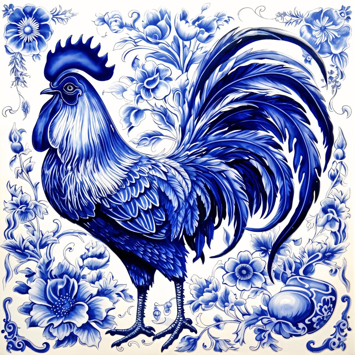Delft Blue Inspired Rooster Art Print, Dutch Tile - Image 4