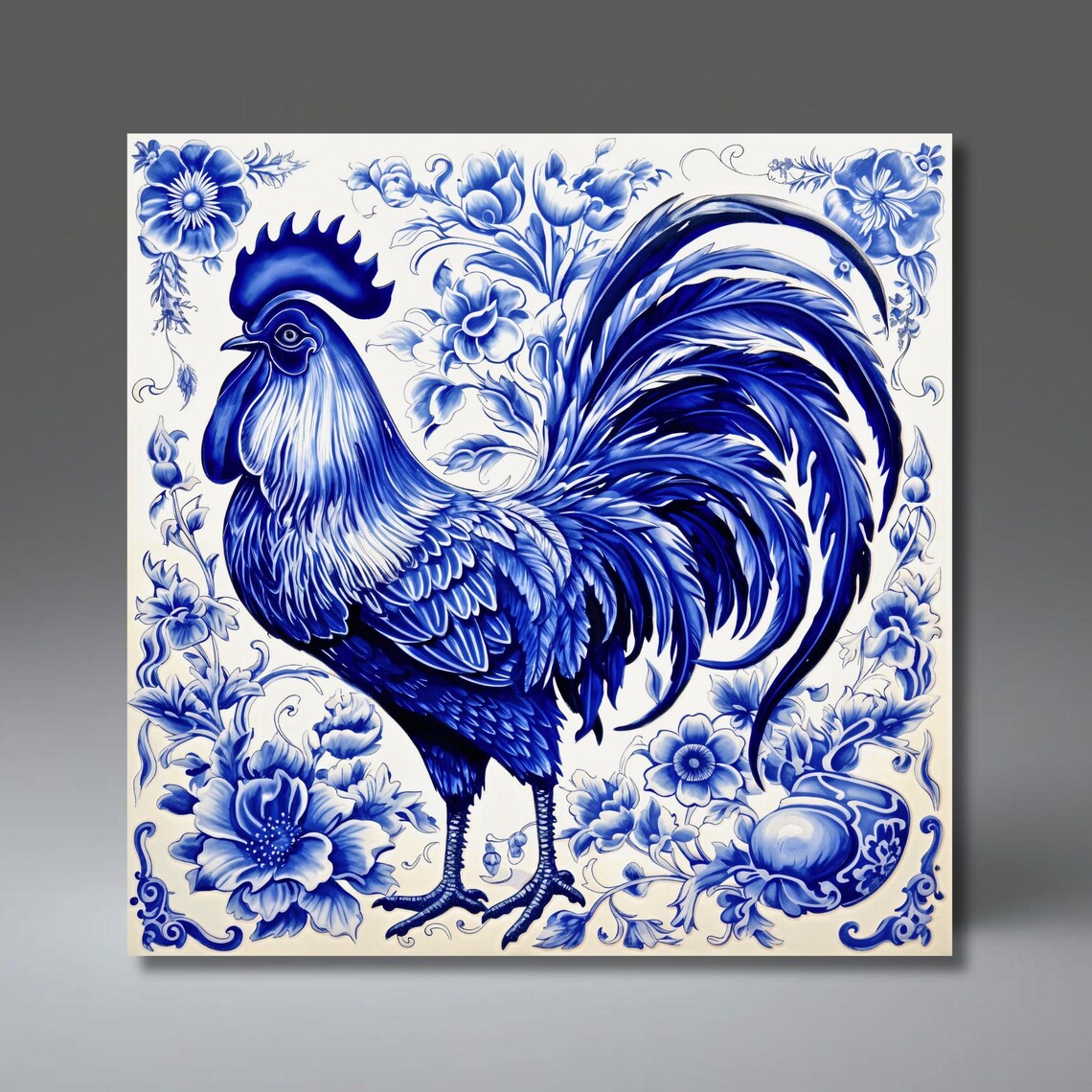 Delft Blue Inspired Rooster Art Print, Dutch Tile