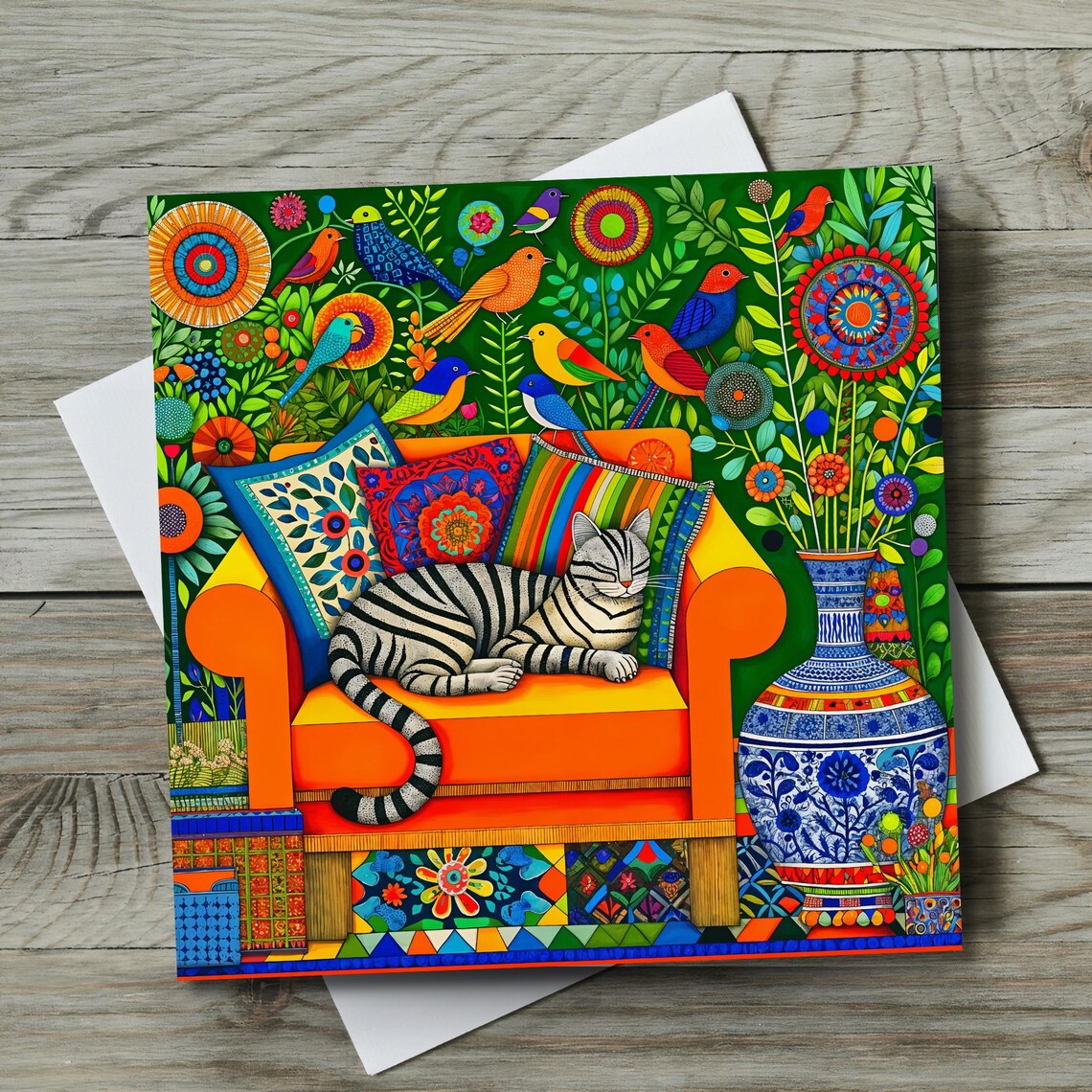 Mexican Folk Art Ceramic Tile, Cat Lover Boho Wall Art Print - Image 4