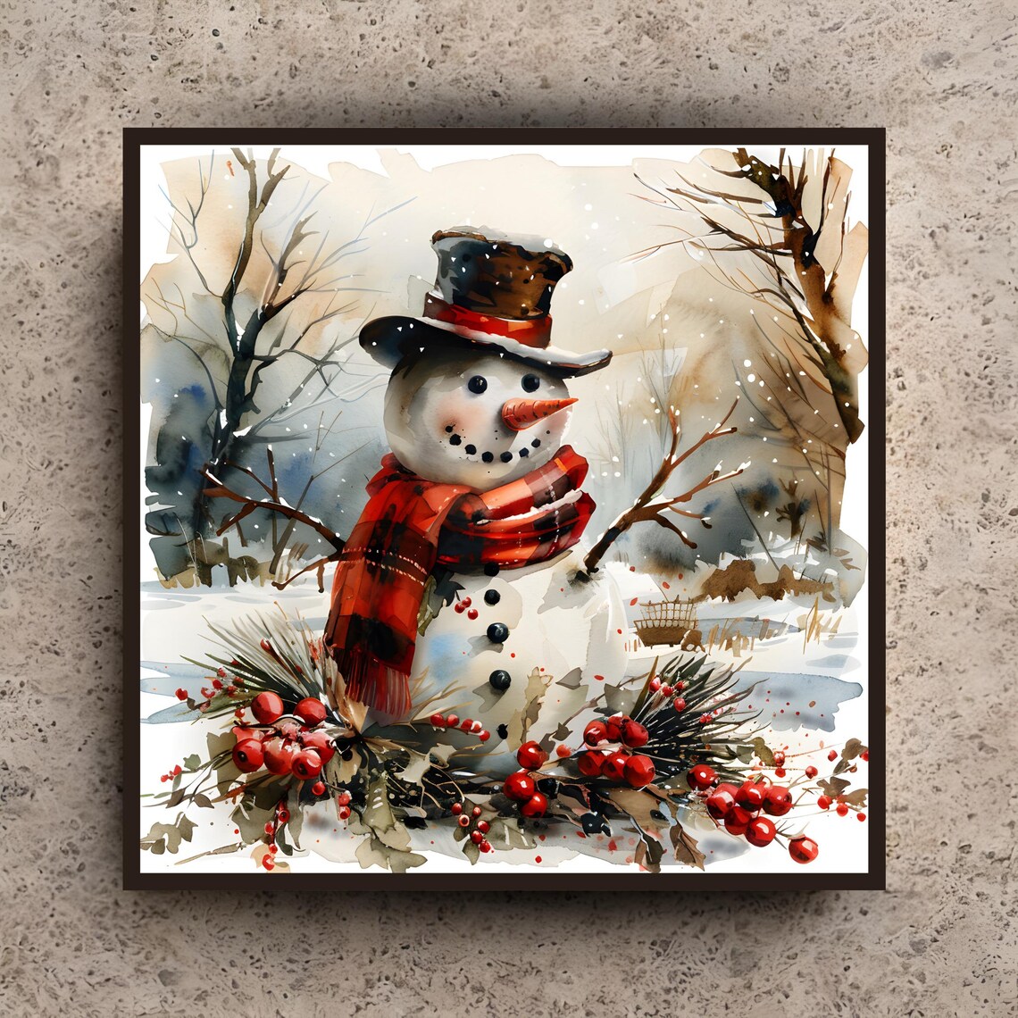 Antique Snowman Holiday Art Print, Vintage Folk Art