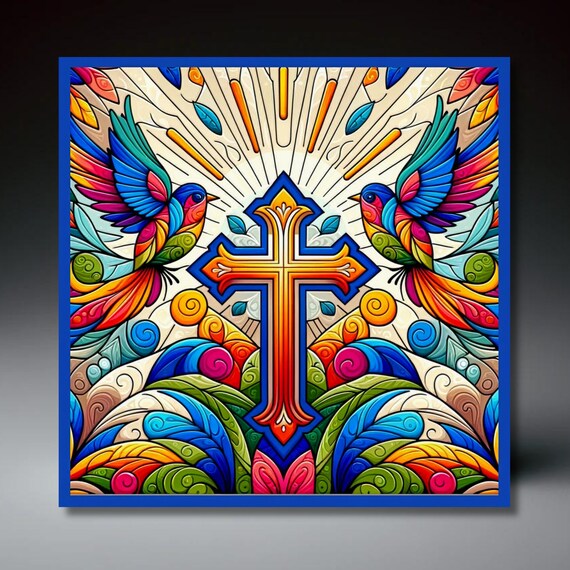 Ornate Folk Cross with Twin Songbirds in Radiant Sunbeams Wall Art