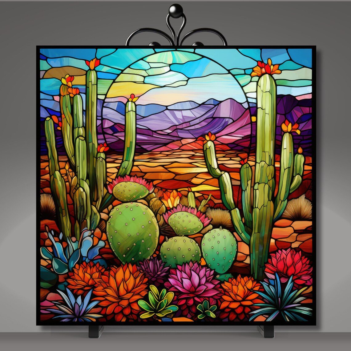 Stained Glass Effect Desert Southwest Cactus Landscape Art - Image 5