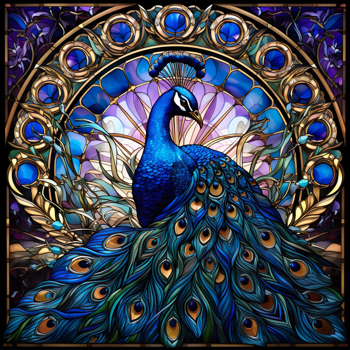 Peacock Stained Glass Effect Art Nouveau Art Print - Image 4