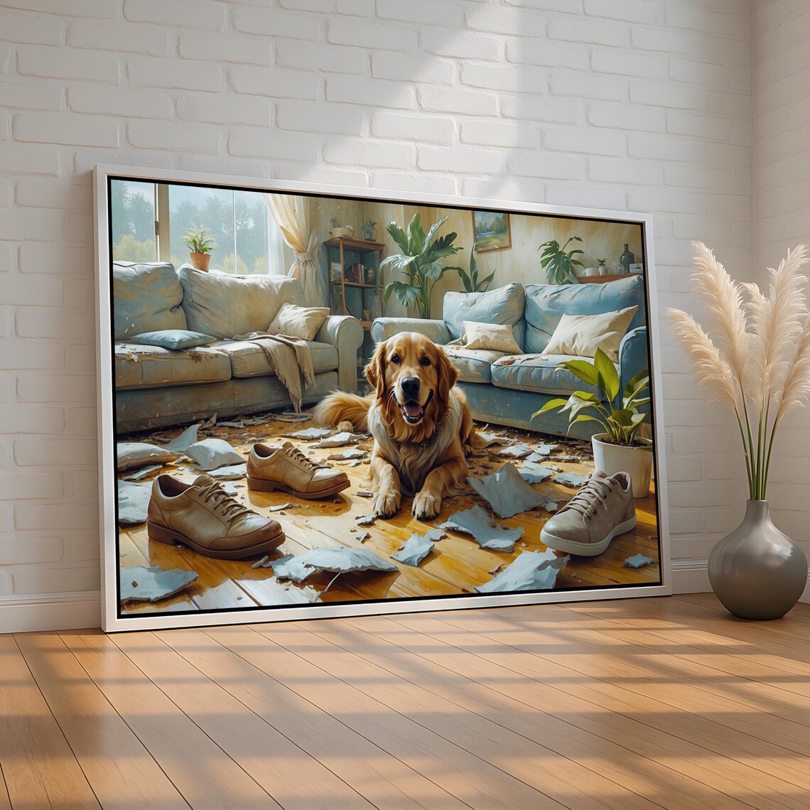 Golden Retriever Guilty Puppy Chewed Shoes Funny Dog Art Poster