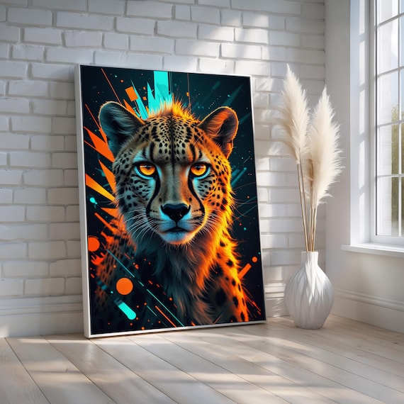 Neon Cheetah Portrait Electric Orange Teal Cyber Wildcat Poster