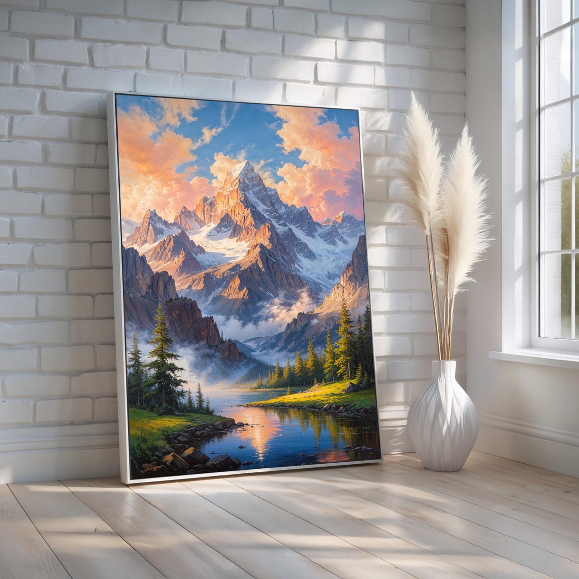 Sunset Mountain Lake Reflection Snowy Peaks Landscape Poster