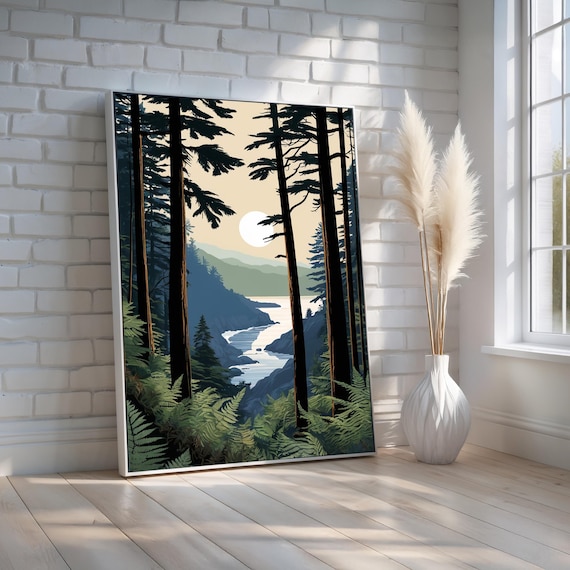 Pacific Northwest Forest River Vintage Nature Illustration Poster Art