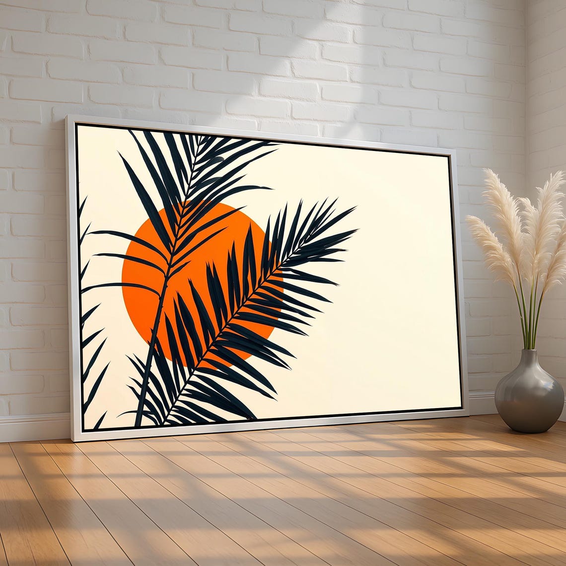 Palm Leaves Silhouette Orange Sunset Minimalist Botanical Poster