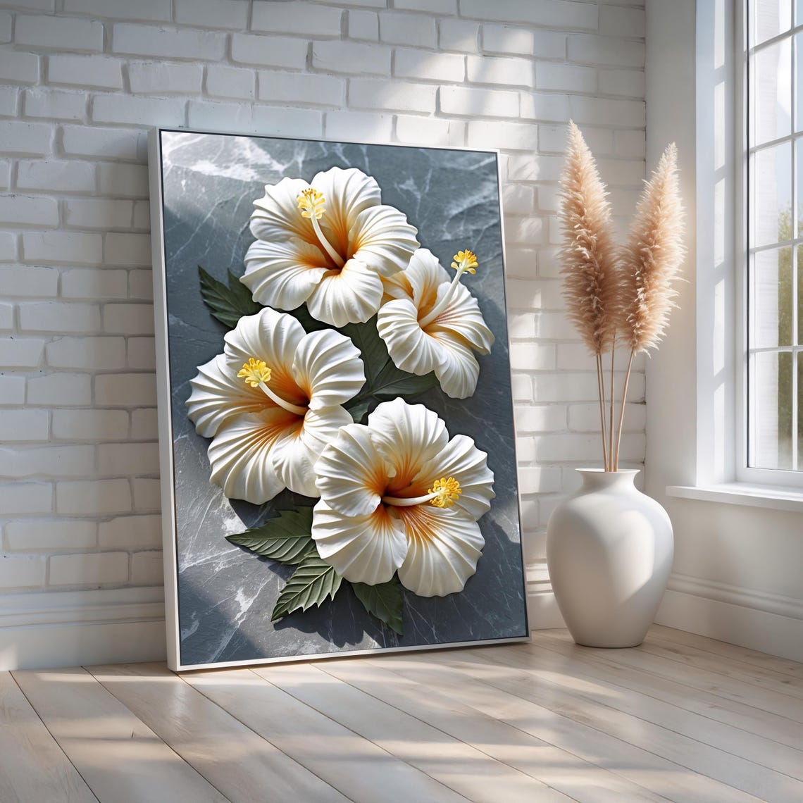 White Hibiscus Floral Wall Art Tropical Canvas Print Ready To Hang Elegant Natureinspired Decor With Marble Texture Botanical