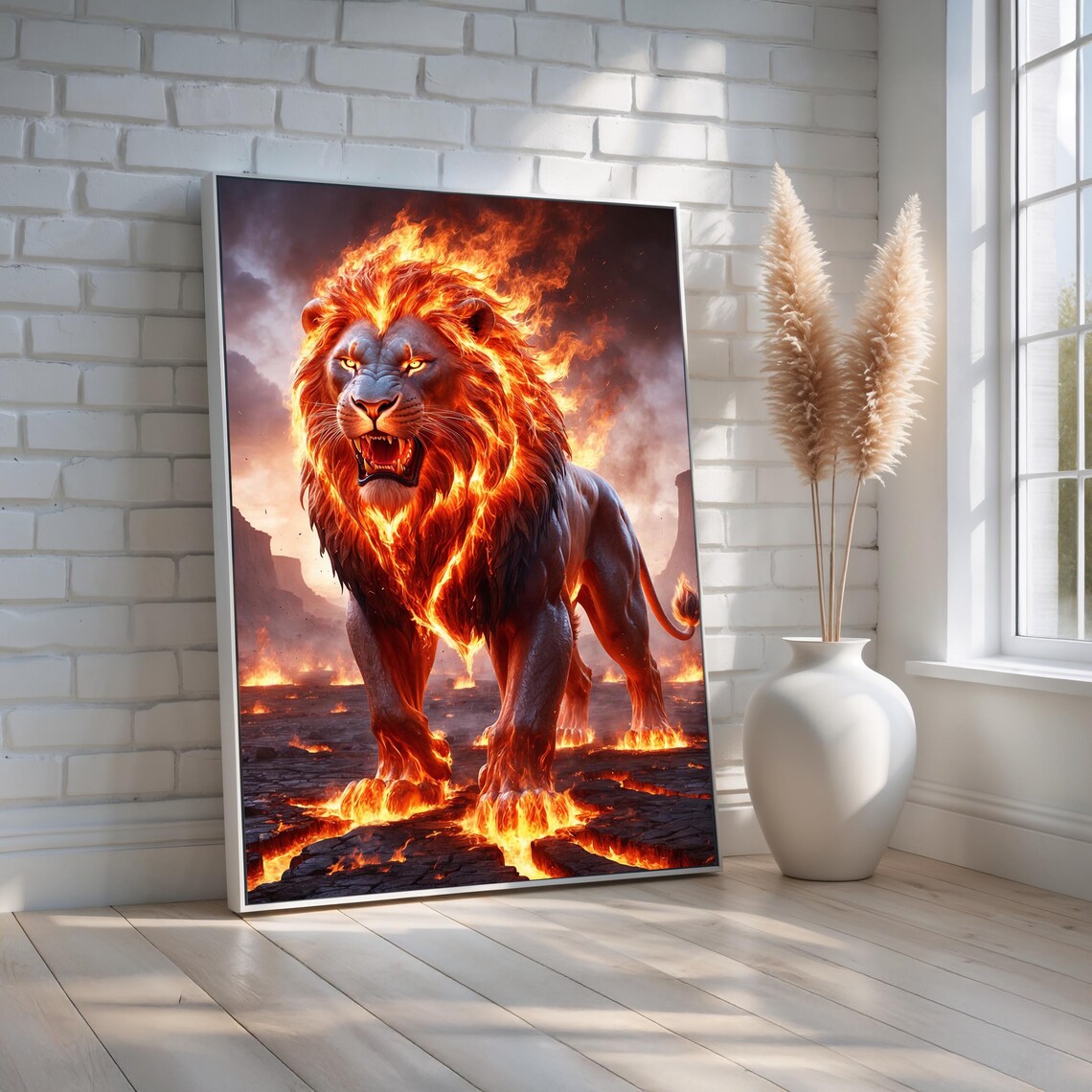 Fiery Lion Roaring Flames Fantasy Lava Landscape Animal Wall Art