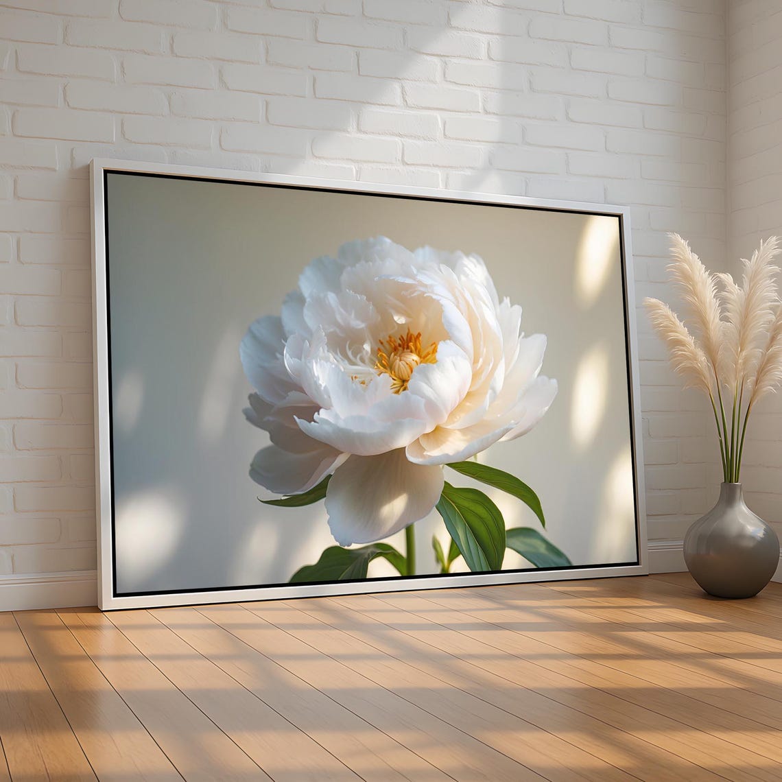 White Peony Bloom Soft Sunlight Elegant Floral Photography Wall Art