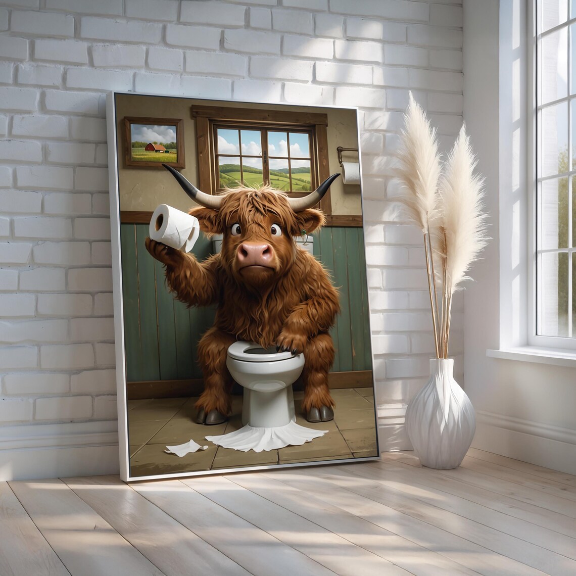 Funny Highland Cow Toilet Bathroom Farmhouse Humor Art Poster