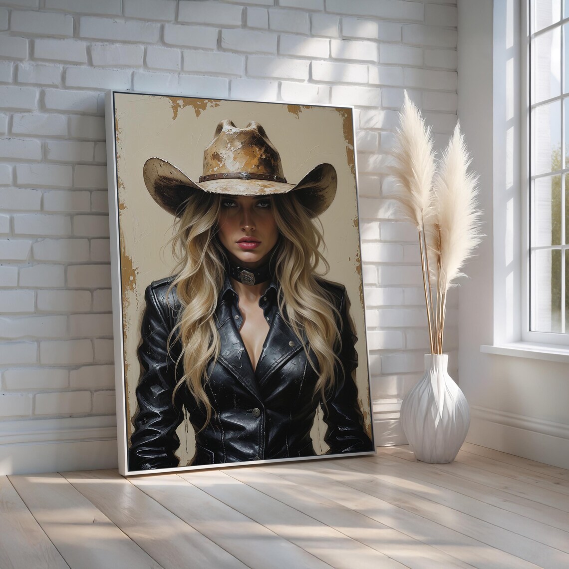 Western Cowgirl Portrait Wall Art Bold Blonde Woman In Cowboy Hat Leather Rustic Country Glam Canvas For Bedroom Ready To Hang