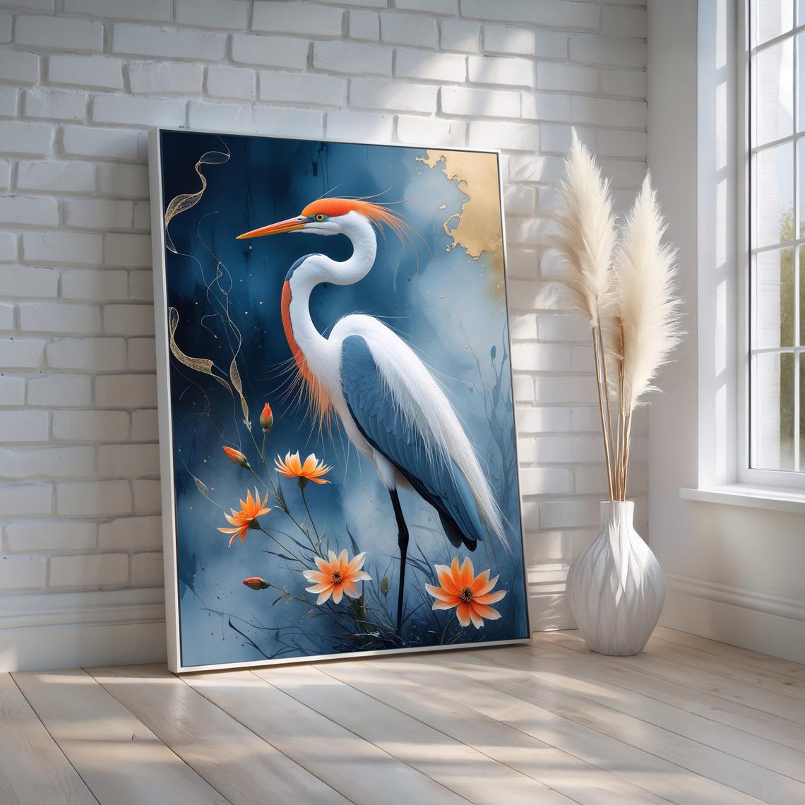 Elegant Heron Among Orange Blossoms Midnight Blue Canvas Poster