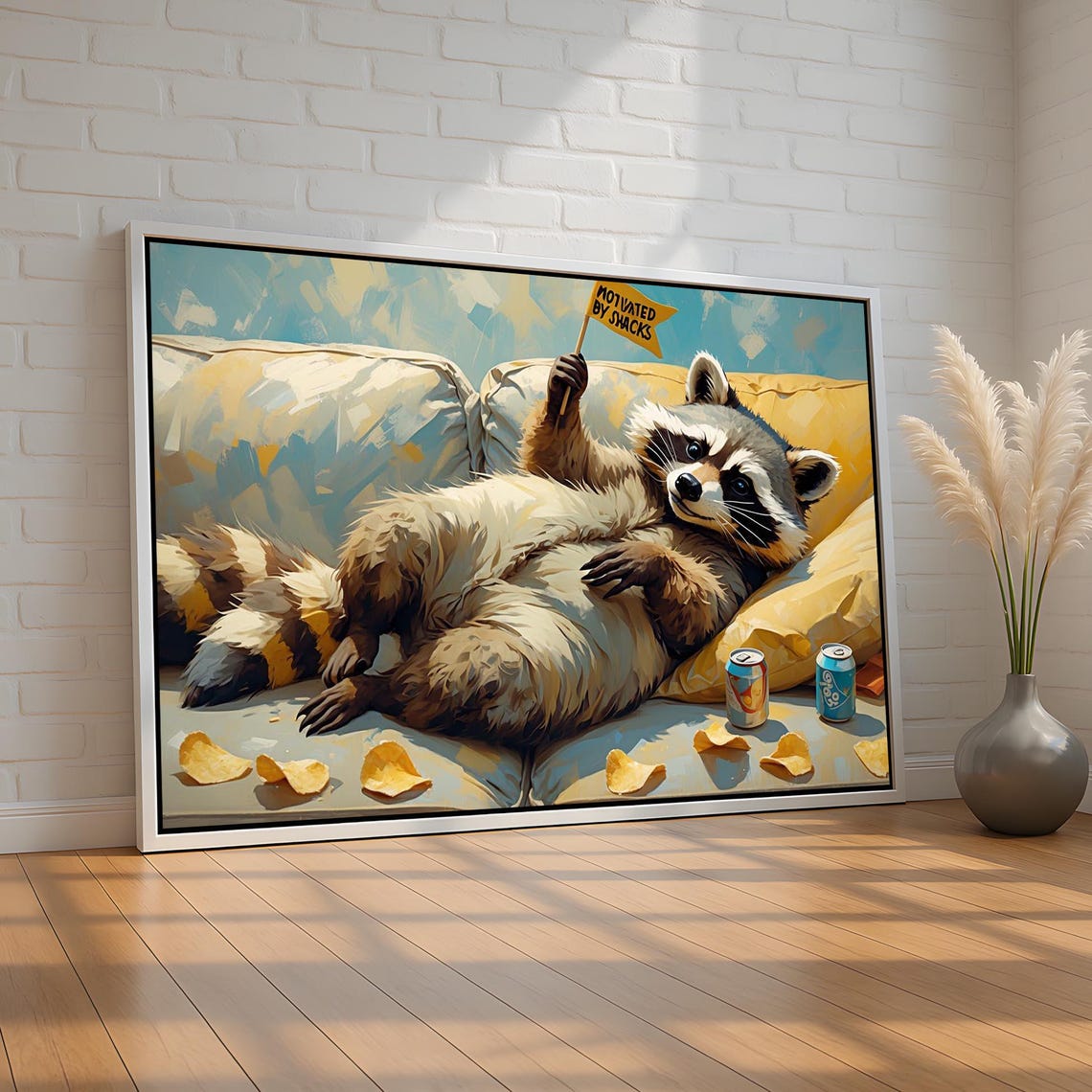 Lazy Funny Raccoon Motivated by Snacks Lounging on Couch Poster