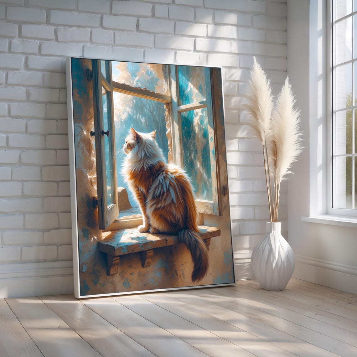 Fluffy Longhaired Cat At Rustic Window Cozy Painterly Cat Poster