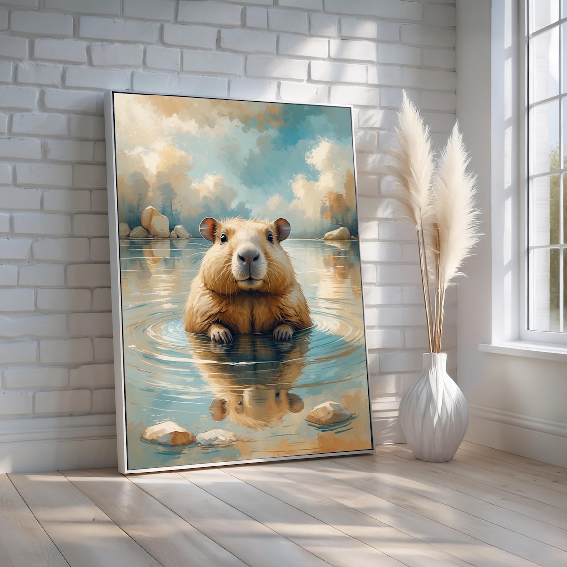 Happy Capybara Bathing in Sparkling River Cute Wildlife Art Poster