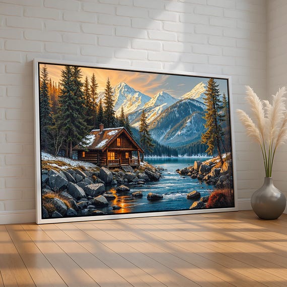 Cozy Winter Cabin Wall Art Snowy Mountain Landscape Canvas Print With River Pines Rustic Lodge Decor For Home Ready To Hang