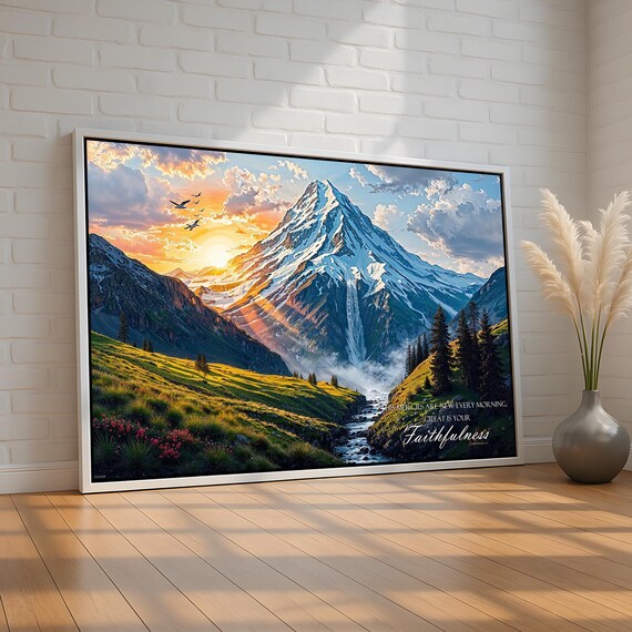 Great Is Your Faithfulness Scripture Mountain Sunrise Art Poster
