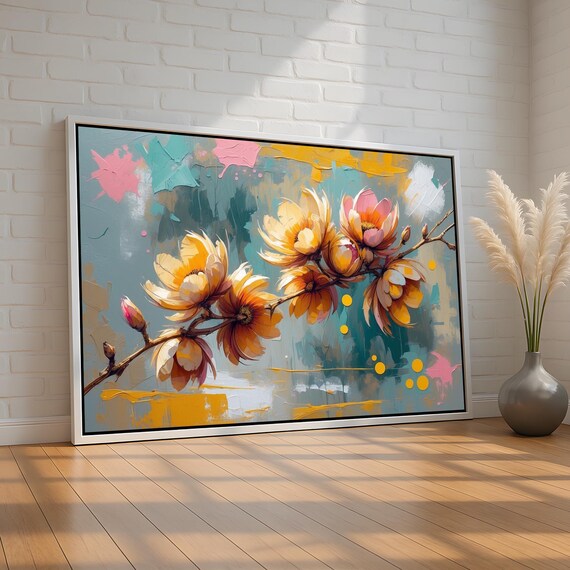 Vibrant Floral Abstract Wall Art Bold Blooming Flowers On Textured Canvas Modern Colorful Botanical Print Ready To Hang