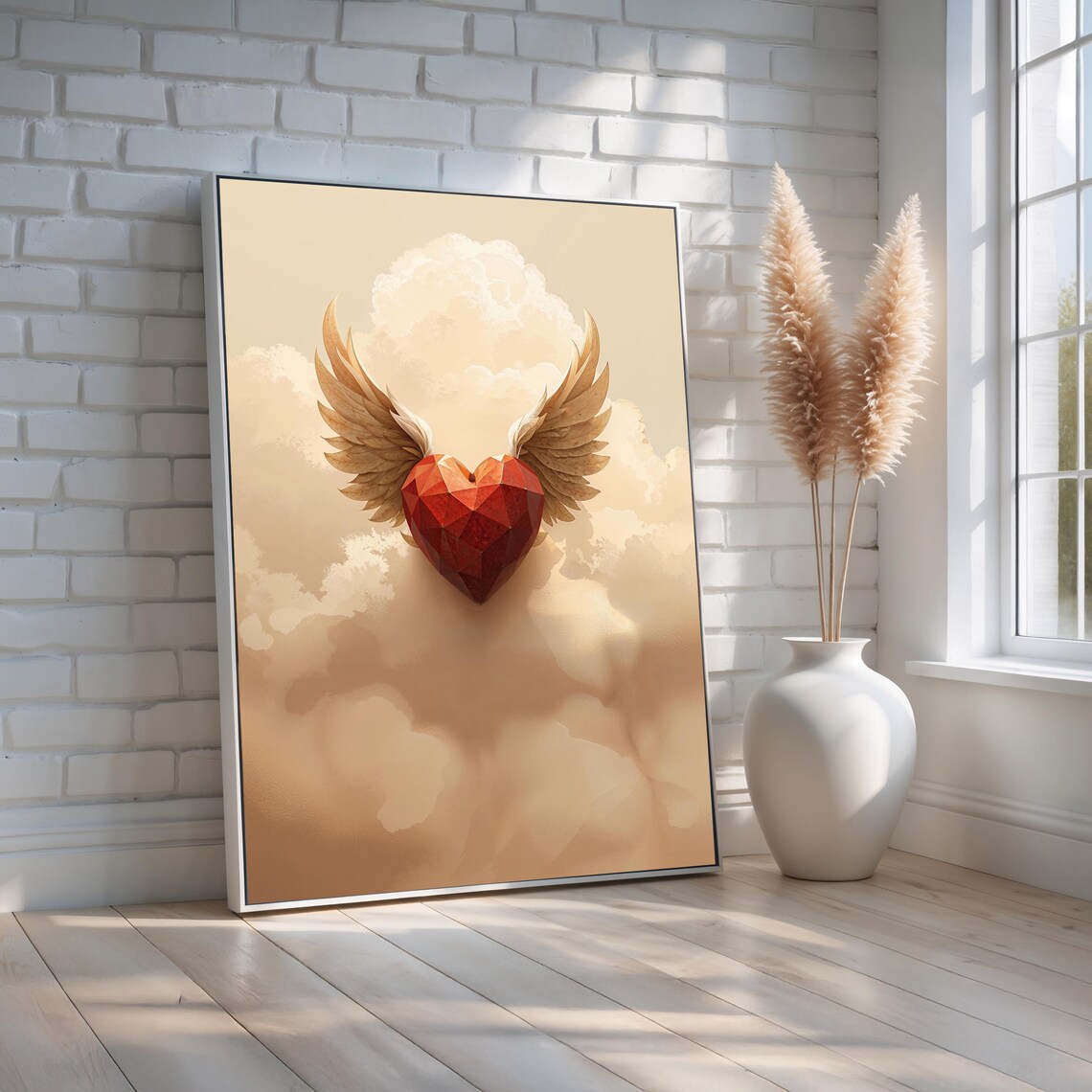Winged Geometric Red Heart Clouds Romantic Angel Love Art Poster
