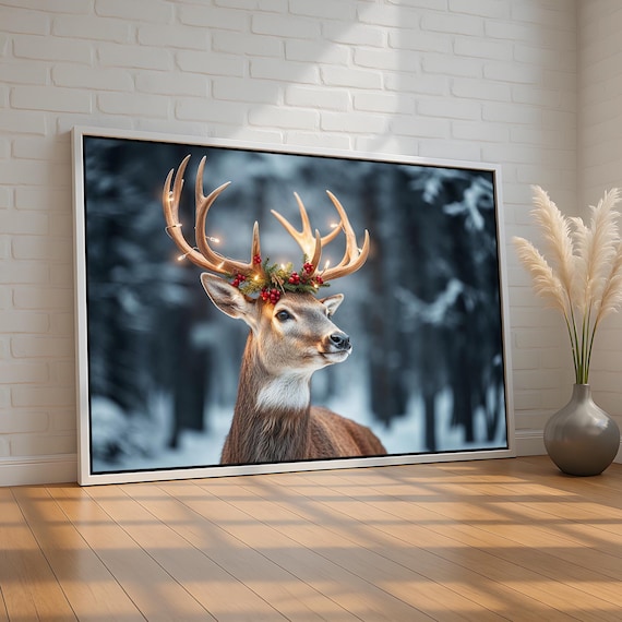 Christmas Reindeer With Fairy Lights Festive Deer Winter Art Poster