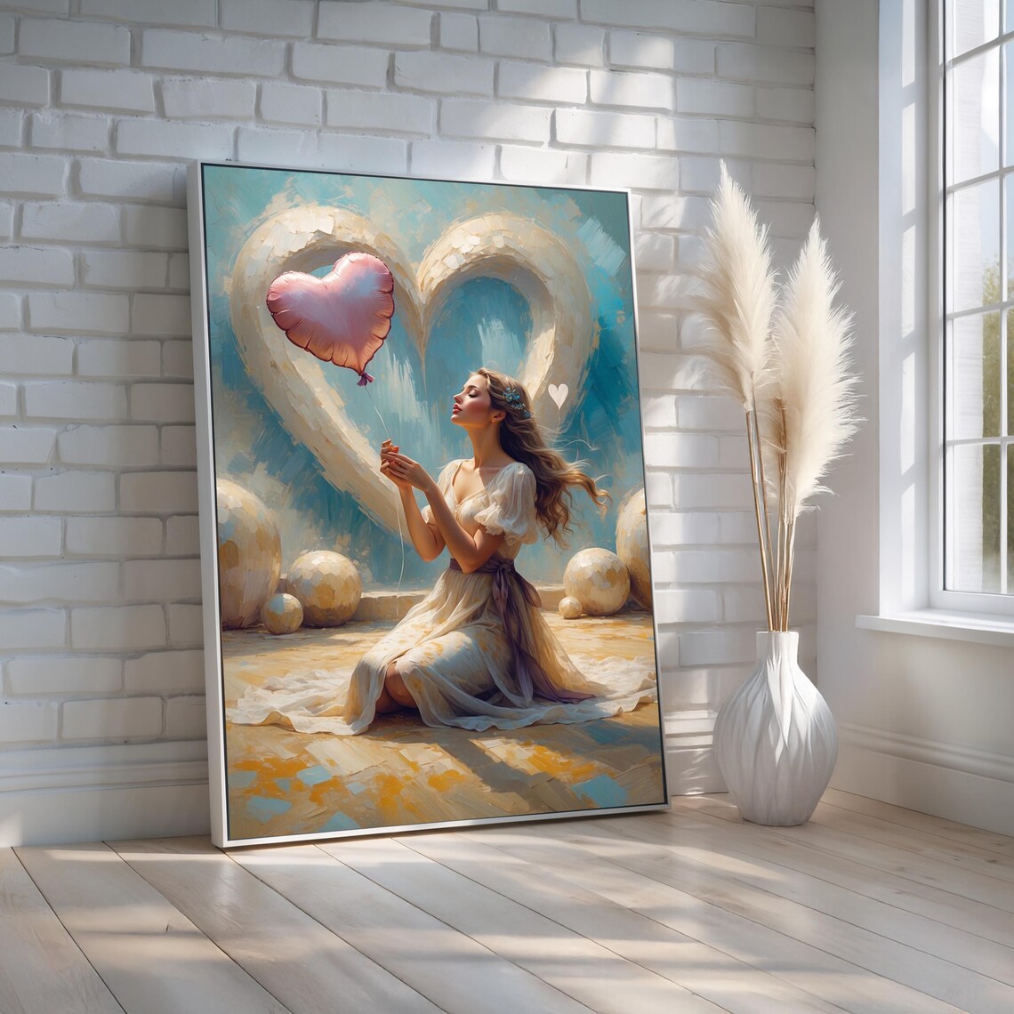 Dreamy Woman Releasing Heart Balloon Romantic Love Painting Poster