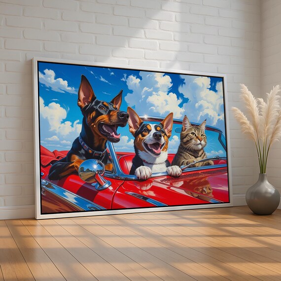 Two Happy Dogs and Cat Cruising in Red Convertible Road Trip Poster