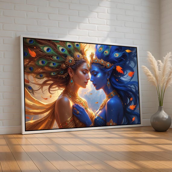 Celestial Goddesses Fantasy Canvas Regal Dual Portrait With Peacock Feathers Mystical Wall Art For Dreamers Gift Ready To Hang