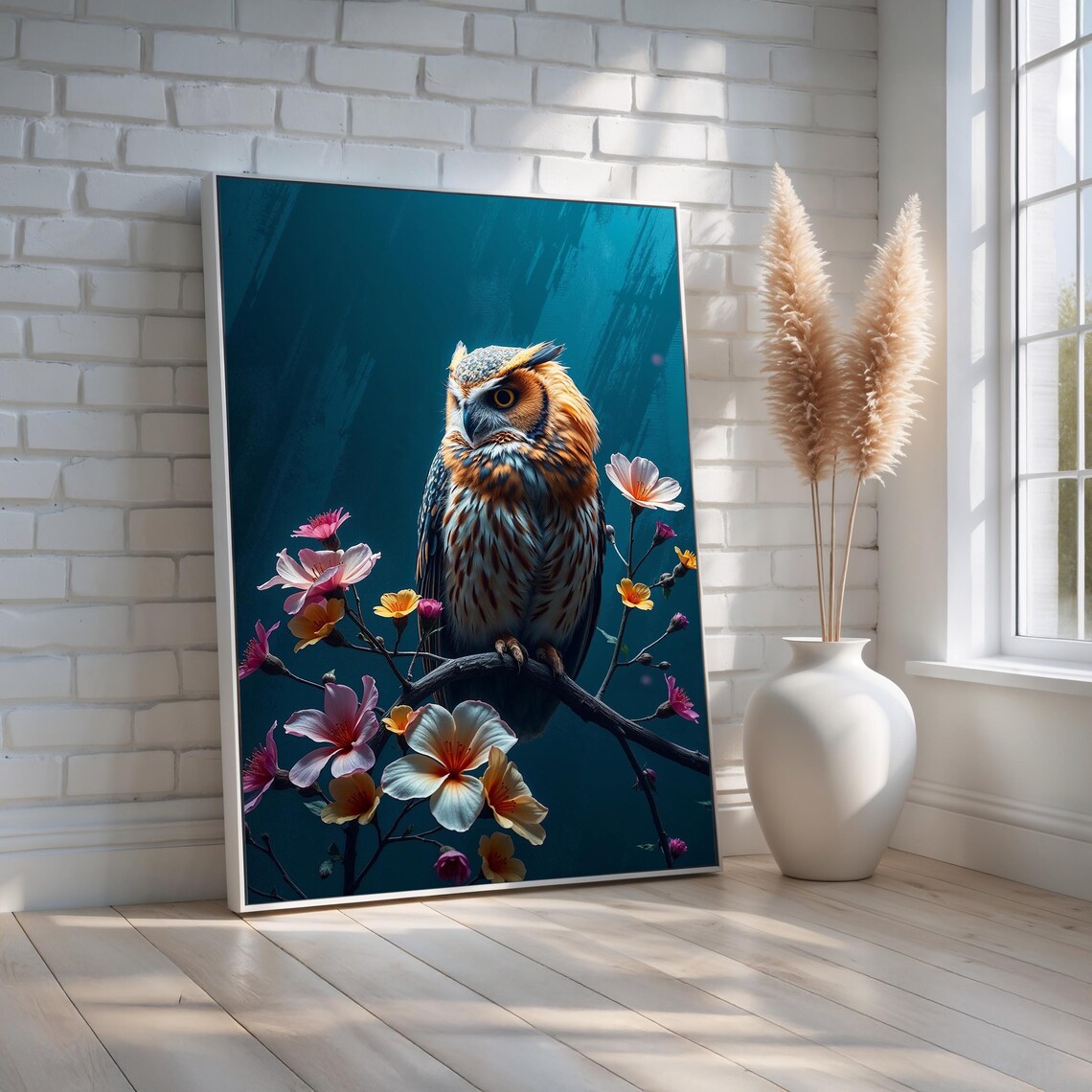 Majestic Owl Perched on Blossom Branch Teal Wildlife Bird Art Poster