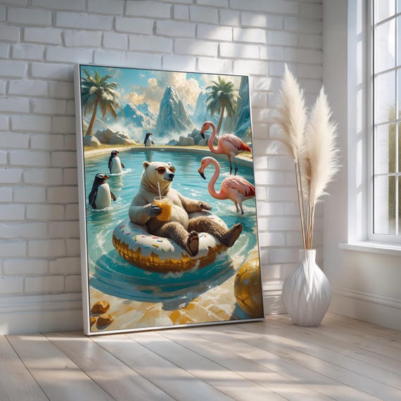 Funny Polar Bear Pool Party Wall Art Quirky Animal Canvas Or Poster Humorous Beach And Summer Decor For Home Gifts Ready To Hang