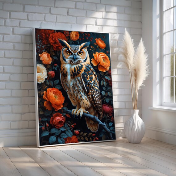 Owl Wall Art With Floral Background Elegant Nocturnal Bird Canvas Print Moody Botanical Wildlife Decor For Living Room Ready To Hang