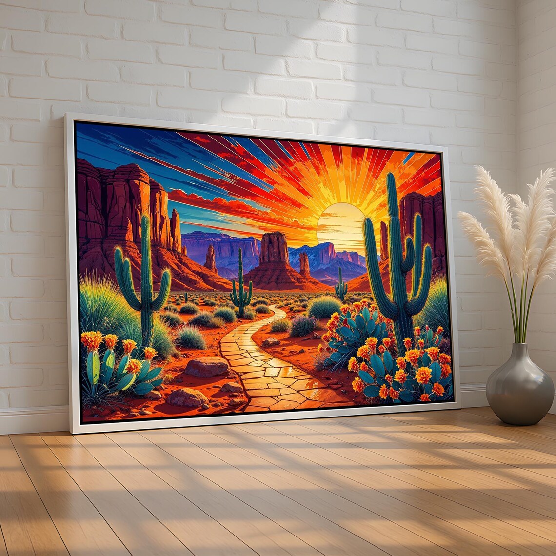 Desert Sunset Retro Cactus Art Print, Southwest Landscape