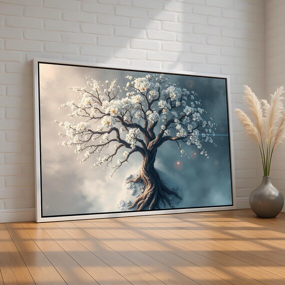 White Blossom Tree Wall Art Dreamy Minimalist Nature Canvas Serene Floral Spiritual Decor Print Peaceful Zen Poster Ready To Hang