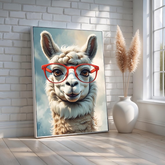 Funny Llama Wearing Red Glasses Whimsical Farm Animal Art Poster